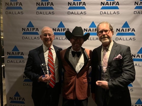 (L to R)  Mike Evans, CLU, ChFC, LUTCF, 2023 Mel Meyers Member of the year;, Dallas President Brent Hill; Lane Boozer, LUTCF, OC Jackson Hall