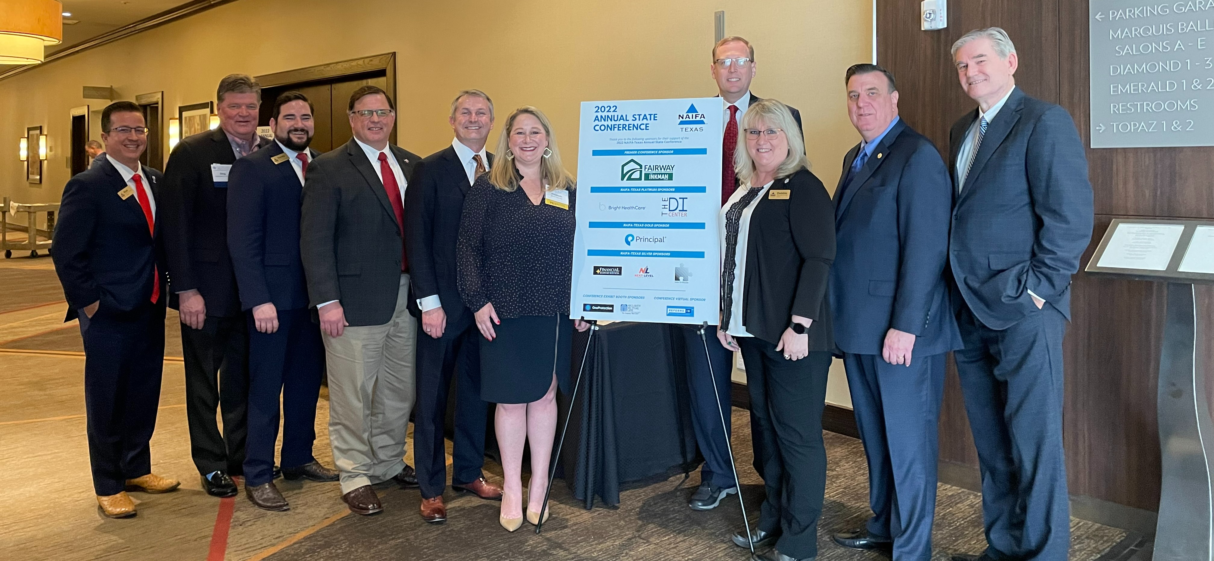 Several NAIFA-Texas Board members and NAIFA-Texas Past Presidents pose for a photo with NAIFA-Texas Lobbyist and three of the Legislative Panelists after the panel discussion. ﻿  Left to Right: Rick Demko, Doug Massey, Danny O'Connell, Jason Talley, Rep. Tom Oliverson, Elizabeth Hadley, Rodney Mogen (back), Debbie Gary, Rep. Dennis Paul, and Rep. Ed Thompson.